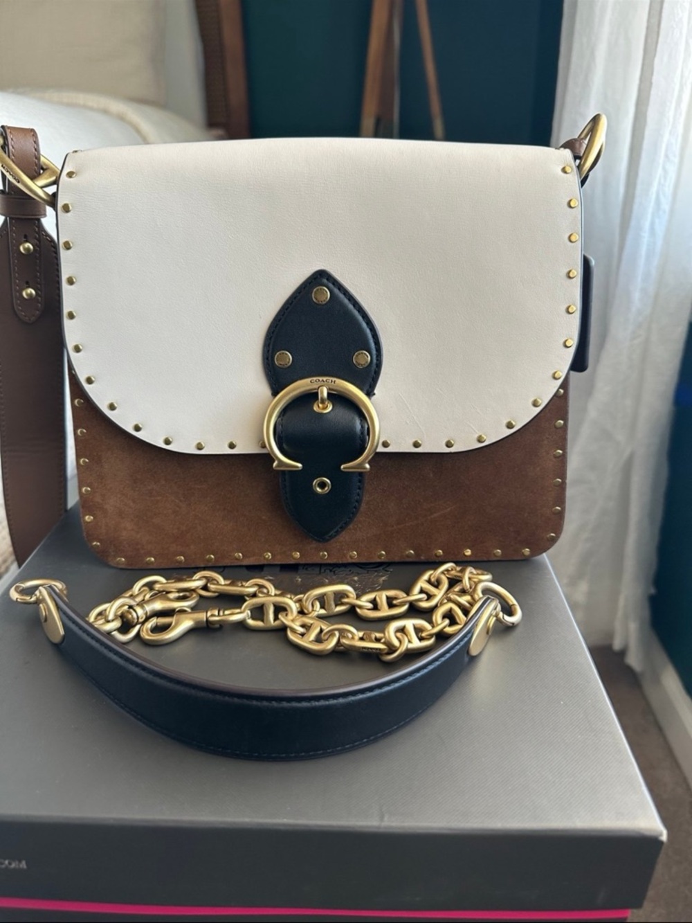 Coach Beat Bag Two-Tone Leather & Suede Crossbody - White, Brown, Black- 3 strap